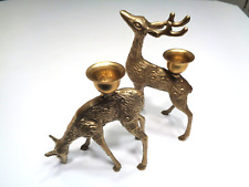VINTAGE SOLID BRASS BUCK & DOE CANDLESTICK HOLDERS SET OF 2 picture