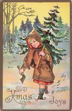 Vintage Postcard Best Christmas  Xmas Joys Girl Gold Cloak Carries Xmas Tree A24 picture
