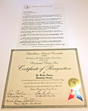 1992 RNC Certificate of Recognition Signed by George H. W. Bush +3 With Letter picture