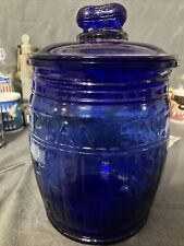 Vintage Planters Running Mr Peanut Cobalt Blue Glass Barrel Cookie Jar with Lid picture