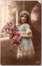 VINTAGE POSTCARD SMILING YOUNG GIRL BOUQUET FLOWERS HAND-TINTED FRENCH c. 1910s picture