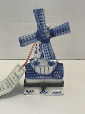 Blue & White Delft Like Windmill Hinged Trinket Box Vintage picture
