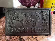 Vintage Cast Iron Bacon Press Wood Handle Pig & Flowers Farmhouse NOS picture