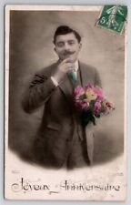 Handsome French Man Flowers Joyeux Anniversaire RPPC Tinted Photo Postcard V23 picture