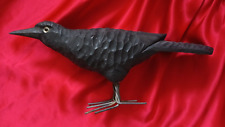 Wooden Hand Carved Black Bird Wire Feet Decor Art Figurine Collectible 4 Inch  picture