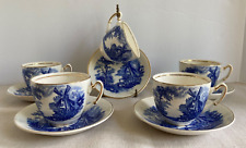 Vintage PALISSY Ware Windmill Pattern England 5 Teacups Saucers Blue White Gold picture