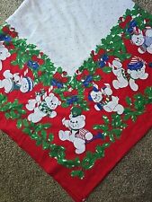 Vintage 1980s Christmas Cotton Blend Tablecloth Teddy Bears & Holly 54 X 54 picture