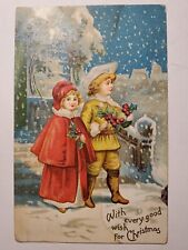 Vintage With Every Good Wish For Christmas 1909 Postcard Young Boy & Girl Snow picture