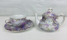 Vintage 3pc Porcelain Teapot Teacup & Saucer 4” Tall Cottage Green Purple Gold picture