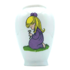 70s Joan Walsh Anglund Blonde Girl Purple Dress Small Mini Porcelain Bud Vase picture