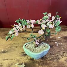 Vintage Jade Rose Quartz Glass Bonsai Tree Flower Pink White Blossoms Oriental picture
