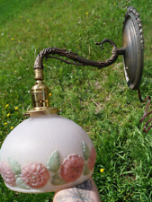 C 1920 BRASS Articulating Wall Sconce Light Fixture Lamp & Reverse Painted Shade picture