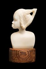 Vintage Hand Carved Ivory Sculpture, African Woman on Wood Base, Small ~ 4” h picture