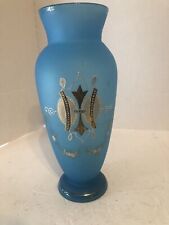 Vintage Hand Blown Hand Made Blue Satin 11.25” Vase with Gold Trim & Design picture