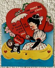 Unused Valentine Old Fashion Girl Canoe Dog Mechanical Vtg Greeting Card 1950s picture