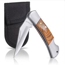 Wood Pocket Knife Folding Lockback Wooden Handle Stainless Steel Blade w/ Sheath picture