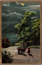 Vintage 1910s Greetings Postcard Woman and Donkey Cat / Moonlight Night Scene picture