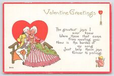 S Bergman~c1913~Valentine Greetings~Poem~Couple On Heart Bench~Cupid~Romance~Vtg picture
