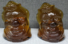  RARE VINTAGE AMBER GLASS SMILING CLOWN BOOKENDS BY WHEATON INDUSTRIES picture