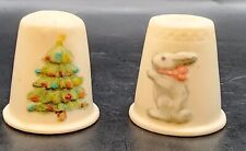 Handmade Hand Painted Signed Jayne Bunny Christmas Tree Ceramic Vtg Thimble Set picture