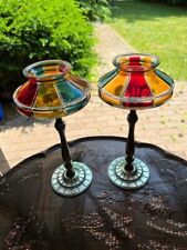 Pair of Rare Art Deco Colorful Glass Candlesticks Holder Stem Tall Silver Plate picture