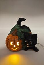 Vintage Light Up Ceramic Halloween Black Cat And Pumpkin picture