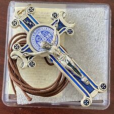 Big 3 inch St Benedict Crucifix Pendant Silver Blue Enamel Cross Charm Necklace picture