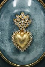 † y.1884 YELLOW GOLD SACRED HEART EX VOTO 1ST CATHOLIC COMMUNION FRAMED FRANCE † picture