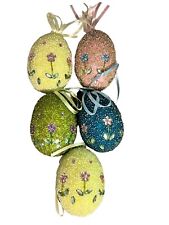 Lot Of 5 Beaded Jewel Decorated Flowers Easter Eggs Ornament Decor Yellow Pink picture