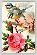 Birthday Greetings Roses and Bluebirds Postcard On a Winter Day picture