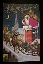 SILK Santa Claus on Snowy Roof~Reindeer~Toys~ Antique Christmas Postcard~h608 picture