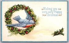 Vtg Very Merry Christmas Greetings Blue Bird Holly Wreath 1910s Old Postcard picture