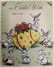 NOS Vtg Greeting Card EASTER WISH FOR YOU Family of Playful Bunnies UNUSED 50s picture