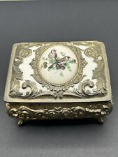 Vintage Ornate Hinged Cast Metal Footed Trinket Box Ceramic Bird Tile Japan picture