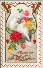 Vintage 1914 VALENTINE'S DAY Postcard White Doves / Colorful Roses STECHER 243E picture