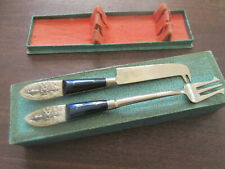 BUDDHA CHEESE FORK & KNIFE SET BRONZEWARE HANDLES ORIGINAL BOX SIAM VINTAGE picture