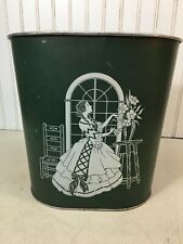 Vintage 11.5in Oval  Green Metal Trash Can Lady in dress at window with flowers  picture