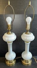 Pair Of Mid Century Opaque White Milk Glass Table Lamps Brass Accent 20” picture