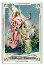 1911 Rapheal Tuck New Year Greetings Lovely Angels Starry Night Embossed picture