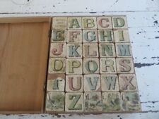 AWESOME Old Antique BOX with 30 WOODEN CUBE BLOCKS Alphabet Puzzle picture