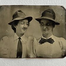 Antique Tintype Photograph Loving Stare Beautiful Women Sapphic Lesbian Int Hats picture