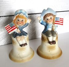 2 Albert E Price Patriotic Boy Girl Bells Figurines Liberty Flags VHTF picture
