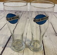 SET OF 2 BLUE MOON LOGO BREWING BEER  TULIP BAR DRINKING GLASSES  8 inches tall picture