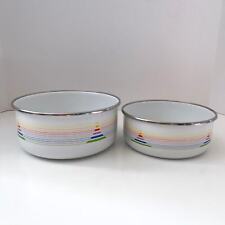 Vintage Enamel Coated Metal Bowls Set of 2 Rainbow Stripes Retro Lines picture