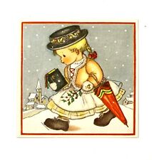 ARS SACRA Vintage Greeting Card Girl Christmas 1944 Umbrella Bible Church Holly picture