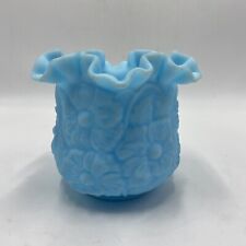 Vintage Fenton Ruffled Edge Poppy Flower Embossed Opaque Blue Bowl picture