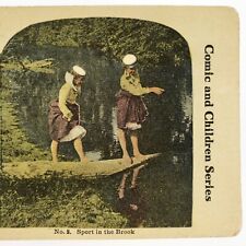 Barefoot Girls River Play Stereoview c1915 Young Women Brook Antique Card H1318 picture