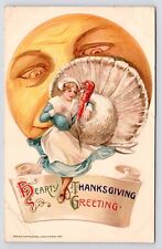c1900s Schmucker Thanksgiving Pilgrim Girl Full Moon Turkey Winsch Art Postcard picture