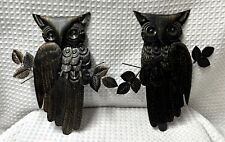 RARE VINTAGE MID CENTURY DISTRESSED METAL OWL WALL PLAQUE PAIR HONG KONG 1969 picture