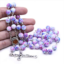 Cross Rosary Purple Glass Beads Catholic Holy Soil Center Crucifix Necklace picture